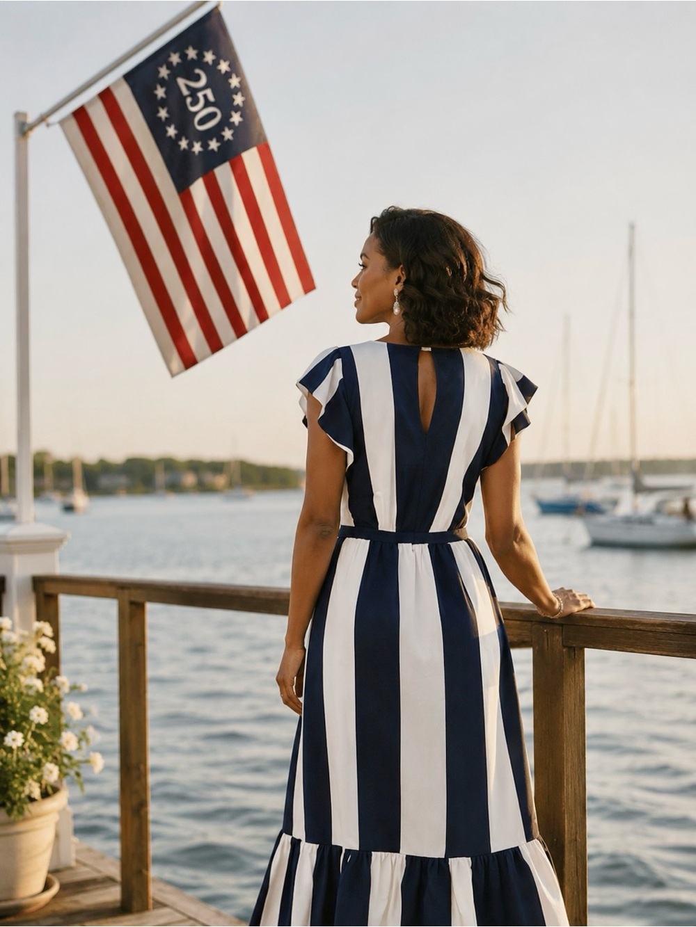 New York & Co.,YachtWear Navy/White Striped Flounce Dress,Flutter Sleeves,Size S - Picture 3 of 9